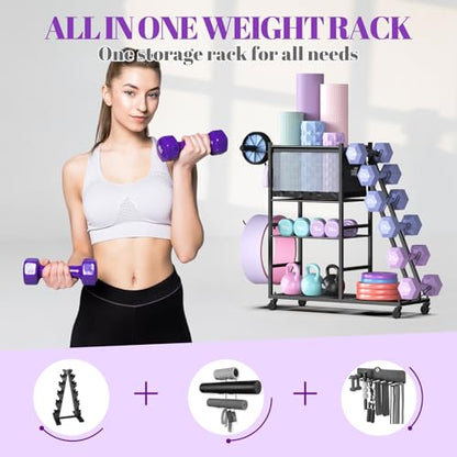 Mythinglogic Dumbbell Rack with Yoga Mat Holder and Wheels for Home Gym