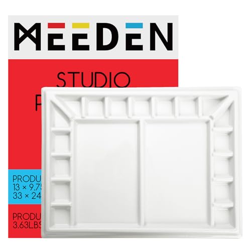 MEEDEN Ceramic Watercolor Palette：Large Porcelain Artist Paint Palette | Rectangle 13 x 9.8 inch, 19-well Art Mixing Tray for Gouache, Watercolor, Acrylic Painting - Without a Lid - size: 13 x 9.8 inch-no lid