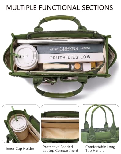 ZHMO Canvas Tote Bag for Women,Women's Bags Crossbody Bags Work Laptop Tote Bag Large Handbags Purse for Travel Nurse Teacher - color: New Upgrade Army Green With Compartments and Side Cup Holders
