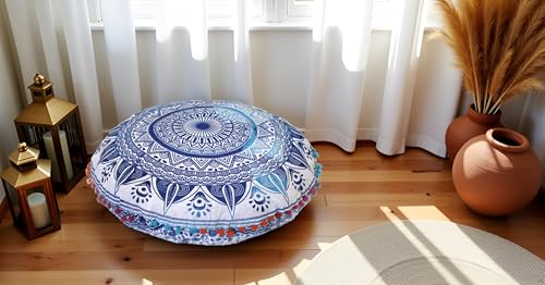 CRAFT KALA 22" Round Mandala Boho Pillow Cover Meditation Room Seating Poufs Cover for Living Room Yoga Room Home Bedroom Balcony Garden Party Decoration Cotton Floor Cushion Cover (Blue Trishul) - color: Blue Trishul