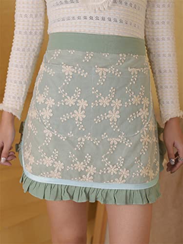 Unisex Chef Aprons White Retro Cotton Maid Short 2 Pockets Waist Waiter Waitress Half Apron - color: Green-embroidered