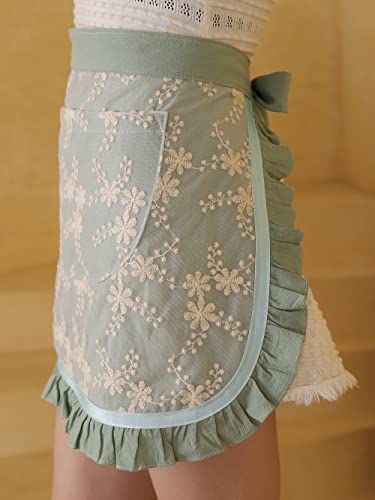 Unisex Chef Aprons White Retro Cotton Maid Short 2 Pockets Waist Waiter Waitress Half Apron - color: Green-embroidered