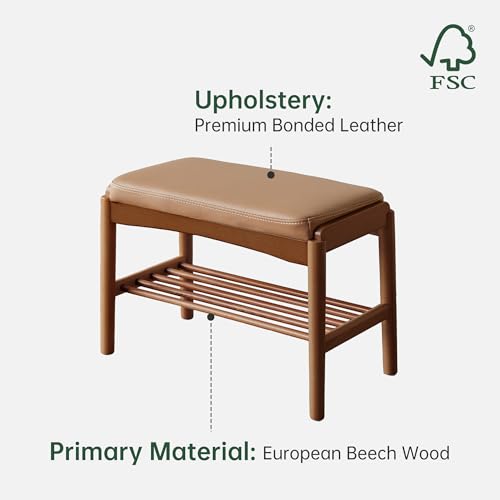 Solid Wood Shoe Bench, 24 Inch Entryway Bench with Brown Leather Cushion - color: Walnut + Brown Leather Cushion, size: 23.62"
