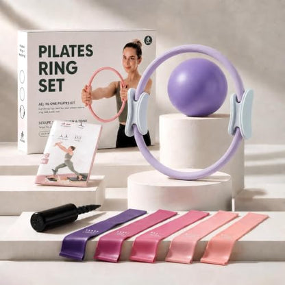 PAETA Pilates Ring Set – 14” Magic Circle (38 lbs Resistance), 9.8” Pilates Ball, 5 Resistance Bands, and Exercise Guide Included for Home Workouts - color: purple
