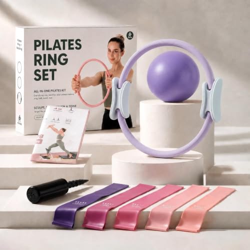 PAETA Pilates Ring Set – 14” Magic Circle (38 lbs Resistance), 9.8” Pilates Ball, 5 Resistance Bands, and Exercise Guide Included for Home Workouts - color: purple