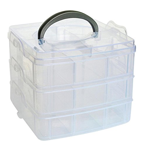 Kamay's Medium 3 Tier Stackable Adjustable Compartment Slot Bead Craft Jewellery Tool Storage Organiser Snap-lock Tray Container, with 18 Compartments, Container Box White - style: Medium 3 Tier 18 Compartments White