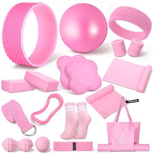 Gemscream 17 Pcs Yoga Essential Kit for Women, Pilates Equipment Starter Set for Beginners with Yoga Wheel Ball Blocks Strap Resistance Bands Wrist Rings Socks Towel & Carry Bag for Home Workouts - color: Pink