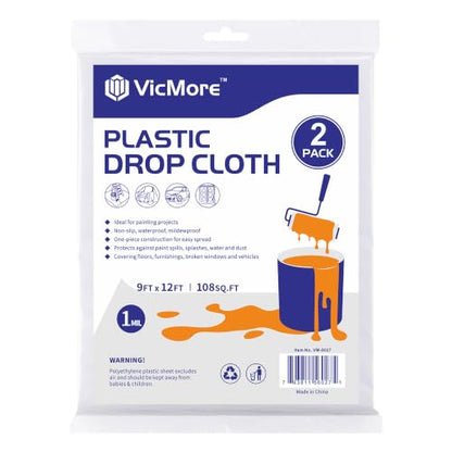 VICMORE Clear Plastic Drop Cloths 9 x 12 Ft, 1 Mil, 2 Pack | Two Clear PE Drop Cloths for Painting, Floor and Furniture Cover, Waterproof Barrier, Dust Control, and Easy Cleanup