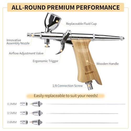 Bucasso Airbrush Kit, Air Brush Spray Gun with 0.3mm/0.5mm/0.8mm Needles/Nozzle Sets, 3cc/7cc/11cc Replaceable Fluid Cup for Painting Model Nails Cake Tattoo Makeup - color: W002-Burlywood