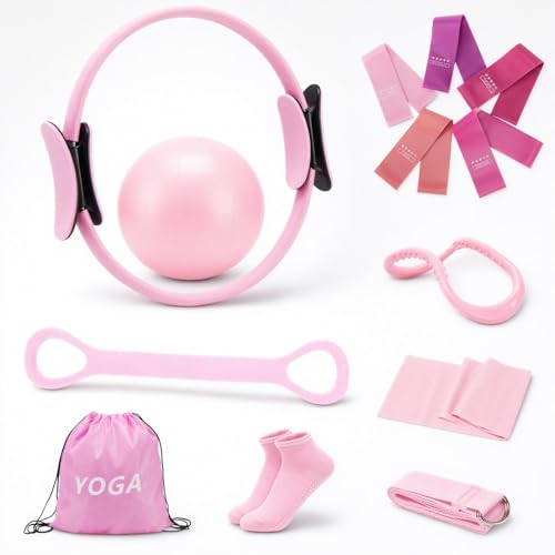 Pilates Ring Set for Women, Home Workout Pilates Equipment with Resistance Bands, 14'' Magic Circle, Mini Ball, Pilates Starter Kit for Strength - color: Pink