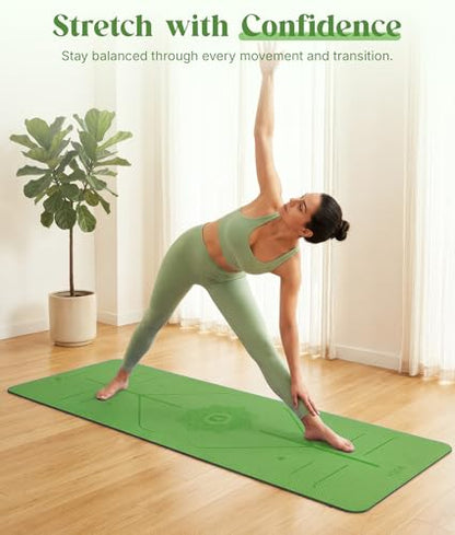 ROMIX Pro Yoga Mat With Alignment Lines, 6Mm Thick Non-Slip Exercise Mat | 72 x 24 In TPE Large Pilates Mat For Home Workout, Stretching, Training, Meditation, Carry Bag Included For Women And Men - color: Green
