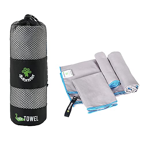 4Monster Camping Towels 3 Size at 1 Pack,Quick Dry Microfiber Towel,Beach Travel Towel Ultra Compact,Soft Gym Towel for Hiking Yoga Travel Sports Backpacking Trip and Pool - color: Grey