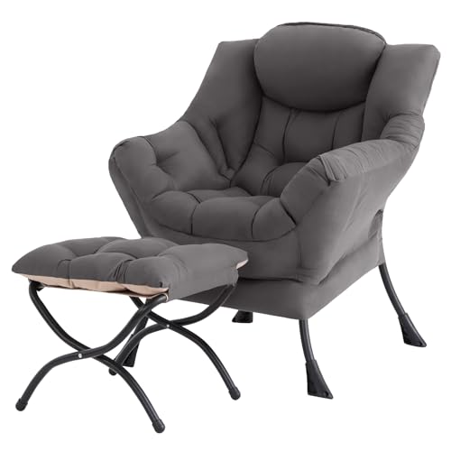 Tiita Lazy Chair with Ottoman, Comfy Reading Accent Chair, Dark Grey | Foldable Footrest, Padded Seat and Backrest, Side Pocket for Lounging in Living Rooms, Bedrooms, Dorms and Small Spaces - color: Dark Grey