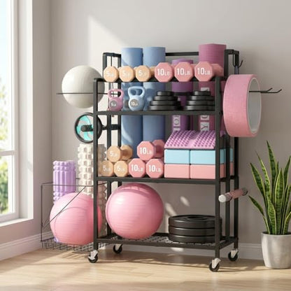 4-Tier Weight Rack for Home Gym with Wheels, Hooks and Dumbbell Storage
