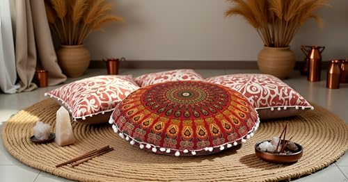 CRAFT KALA 22 Inch Round Mandala Floor Pillow Cushion Cover Seating Throw Cover Hippie Decorative Bohemian Ottoman Poufs Cover Pom Pom Pillow Cases Boho Cotton Living Room Yoga Home Décor (Red Mirchi) - color: Red Mirchi