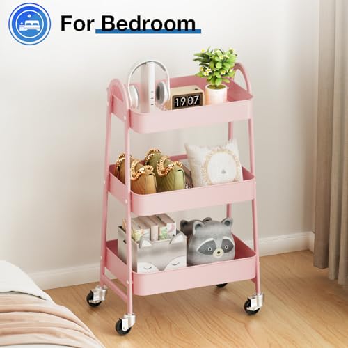 OLIXIS Metal Rolling Storage Utility Cart with Lockable Wheels 3 Tiers - color: Light Pink, size: 3-Tiered 17 inches