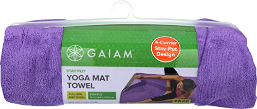 Gaiam Stay-Put Yoga Mat Towel, Non-Slip, Corner Pockets | Corner Pocket Anchors | Microfiber Non-Slip | Quick-Dry | Hot Yoga, Bikram & Pilates | Mat-Sized - color: Purple, size: 68"L x 24"W