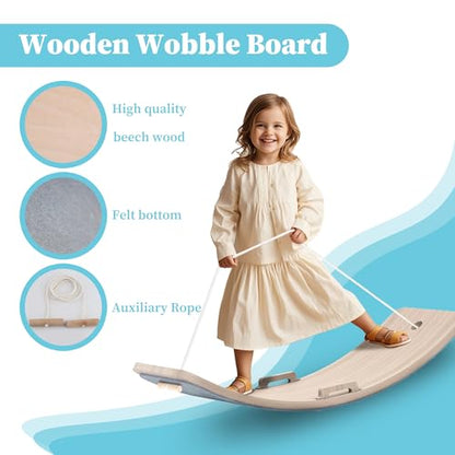 27 Inch Wooden Balance Board for Kids and Toddlers, Wobble Board with Rope