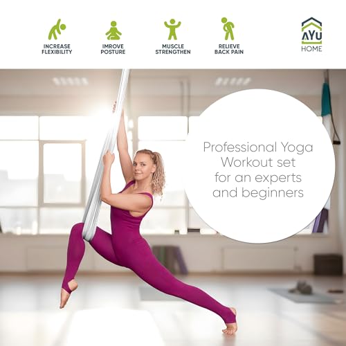 AyuHome Aerial Silks Yoga Swing Aerial Hammock Kit for Home | Premium aerial silks yoga swing kit with rigging hardware for aerial yoga, gymnastics, and home fitness - color: Aerial silk - White - New