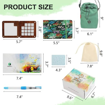 Mini Wooden Watercolor Paint Set, All-in-One Pocket Travel Art Kit: 15-Grid Palette, 12-Color Pigment, Brushes, Sketchbook, Clip, Sponge & Bags- Art Supplies Gift for Beginners & Artists DMCK004 - color: Botanical Green