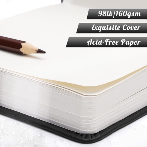 Hardcover Pocket Sketchbook 5 x 5 in, 80 Sheets Small Sketch Book, Black | 160gsm acid-free paper, elastic closure and ribbon bookmark, compact travel size for sketching on the go - color: Black