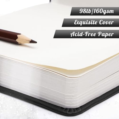 Hardcover Pocket Sketchbook 5 x 5 in, 80 Sheets Small Sketch Book, Black | 160gsm acid-free paper, elastic closure and ribbon bookmark, compact travel size for sketching on the go - color: Black