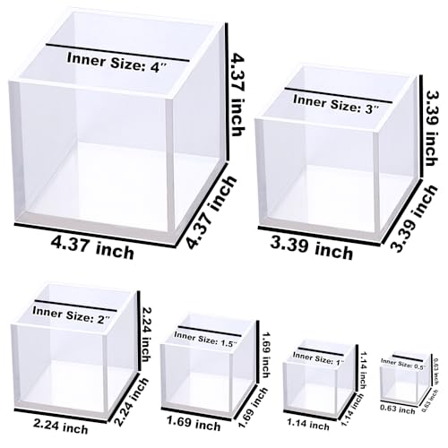 RESINWORLD Set of 4, 3", 2", 1.5", 1", 0.5" Clear Silicone Cube Molds, Large Deep Square Epoxy Resin Mold, Transparent Cube Silicone Molds for Resin Casting
