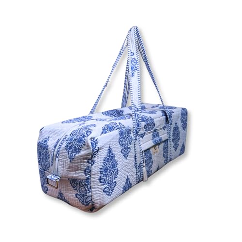 Large Capacity Handblock Printed Yoga Mat bag for Women, Gym Bag, Fits Yoga Blocks, Adjustable strap, Pilates, Gym, Fitness Block & Gear, Light and Durable - color: Neel Butta
