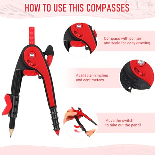 EBOOT Student Geometry Math Set, Drawing Compass and 6 Inch Clear Swing Arm Protractors 180 Degree Math Protractor(Red) - color: Red