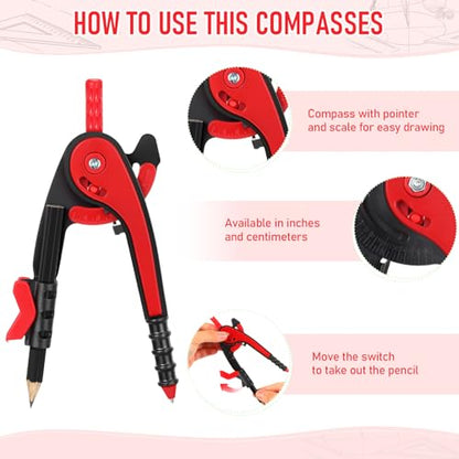 EBOOT Student Geometry Math Set, Drawing Compass and 6 Inch Clear Swing Arm Protractors 180 Degree Math Protractor(Red) - color: Red