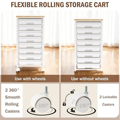 Rolling Cart with 8 Drawers, Storage Drawers Cart with Wooden Tabletop and Lockable Wheels, Craft Storage for Living Room, Office, Classroom, Craft Room, Bedroom - color: White