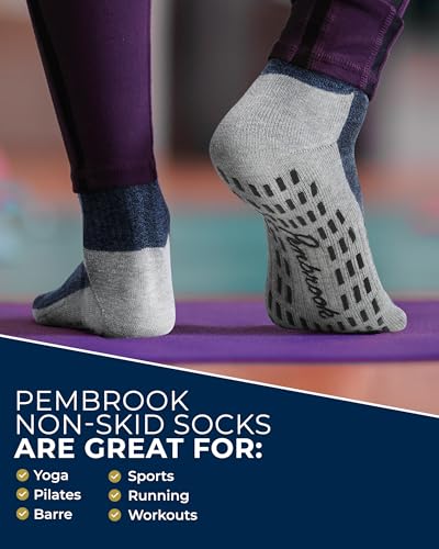 Pembrook Non Slip Crew Grip Socks Men & Women - 4 Pairs | Non Slip Socks for Elderly, Hospital, Pilates, Yoga, Barre, Home - color: Black, White, Gray, Navy - 4 Pairs, size: Large
