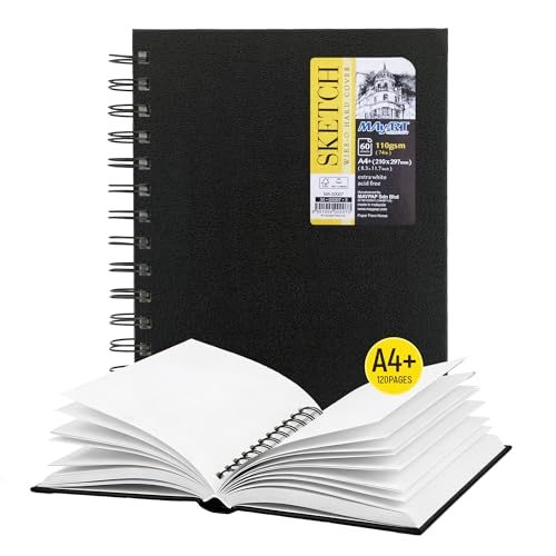MAyART A4+ Spiral Sketchbook Hardcover, 120 Pages 110gsm White Thick Paper Drawing Sketch Book, 8.3 x 11.7 inch Wire-O Bound Artist Sketchbook, Acid-Free Sketch Pad for Pencil, Ink & Marker - size: A4