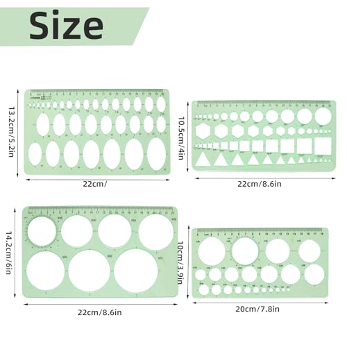 4PCS Circle Template, Plastic Circle and Oval Measuring Templates, Formwork Drawings Templates (Clear Green)