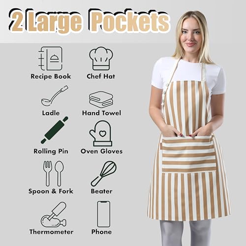 TOSHEX Kitchen Apron Cotton Waterdrop Resistant Adjustable Button Women Men | Premium Cotton Cooking Apron with Pocket. Striped, Gift, Brown - color: Brown