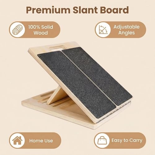 Adjustable Slant Board 16.5"×12" Wooden for Calf Stretching & Squat Wedge – Home-Gym, Flexibility, Recovery & Strength, 5-Angle Foldable, 350 lb Rated