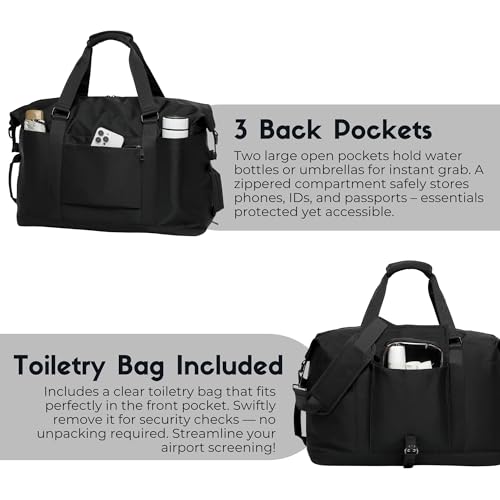 SUNNY BIRD Duffel with Utility Pouch, 40L Weekender Overnight Bag with Shoe Compartment for Travel and Sports (Black) - color: Black
