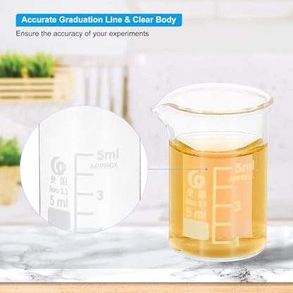 PATIKIL 5ml Low Form Measuring Cup, 8 Pcs 3.3 Borosilicate Glass Beaker Graduated Measuring Pitcher with Spout for Lab Experiment, Cooking and Baking, Clear
