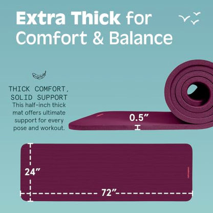 Retrospec Solana Yoga Mat Thick 1/2in Non-Slip Workout Mat with Nylon Strap - 72x24in Exercise Mat for Pilates, Stretching & Fitness - BPA Free, Easy Clean - color: Boysenberry