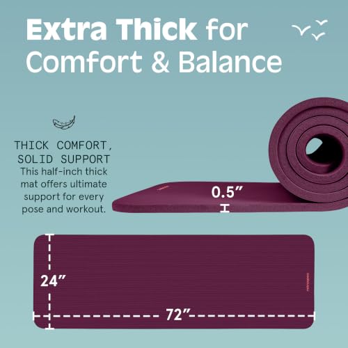 Retrospec Solana Yoga Mat Thick 1/2in Non-Slip Workout Mat with Nylon Strap - 72x24in Exercise Mat for Pilates, Stretching & Fitness - BPA Free, Easy Clean - color: Boysenberry