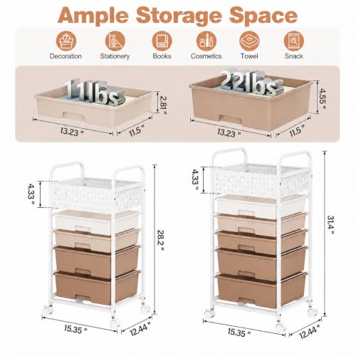 5 Drawer Rolling Storage Cart with Pegboard Top and Hooks, Brown | Mobile Organizer Cart with Wheels for Office Supplies, Craft Storage, Classroom Organization, Home Utility Cart - color: Brown, size: 5-Drawers