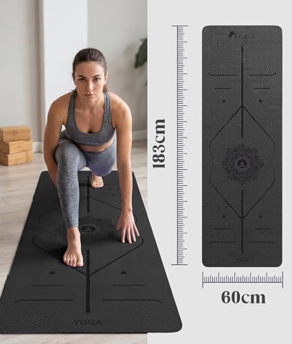 ROMIX Pro Yoga Mat With Alignment Lines, 6Mm Thick Non-Slip Exercise Mat | 72 x 24 In TPE Large Pilates Mat For Home Workout, Stretching, Training, Meditation, Carry Bag Included For Women And Men - color: Black