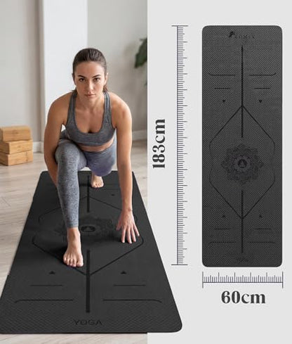 ROMIX Pro Yoga Mat With Alignment Lines, 6Mm Thick Non-Slip Exercise Mat | 72 x 24 In TPE Large Pilates Mat For Home Workout, Stretching, Training, Meditation, Carry Bag Included For Women And Men - color: Black