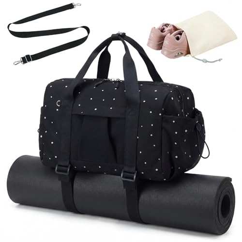 LEDAOU Small Gym Bag for Women, Mini Duffle Bag with Yoga Mat Holder Lightweight Carry On Sports Bag with Separate Shoe Pocket and Wet Pocket Duffel Bags Dance Yoga Workout Bag - color: Wave Point Black, size: Mini-14"
