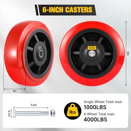 6 Inch Wheels,Heavy Duty Replacement Wheels,Caster Set of 4 Load 4000 Lbs | Polyurethane Surface TPE Casters,Dual Ball Bearings,Heavy Duty Wheels Replace,for Replace Flatbed Cart & Trolleys Wheels - size: 6 INCH