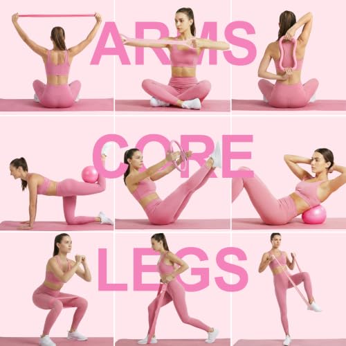 Home Pilates Ring and Ball Set for Women with 5 Resistance Bands 13 inch Magic Circle Workout Starter Kit for Beginners Full Body Toning 15 Min Daily Routine - color: All Pink