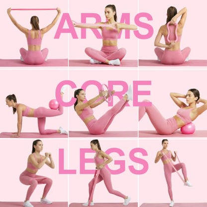 Home Pilates Ring and Ball Set for Women with 5 Resistance Bands 13 inch Magic Circle Workout Starter Kit for Beginners Full Body Toning 15 Min Daily Routine - color: All Pink