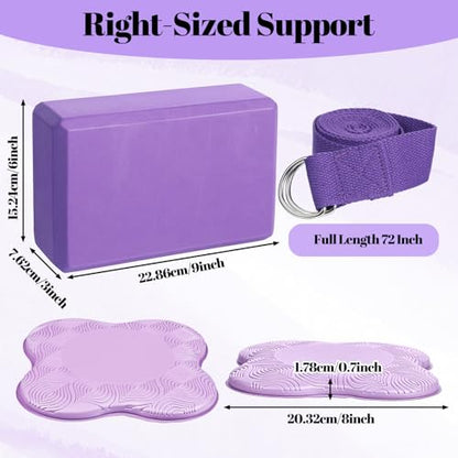 5 Pcs Yoga Blocks Knee Pads Yoga Strap Set, Soft Premium Foam Blocks Accessories for Pilates Meditation General Fitness Stability, Kneeling, Balance, Deepen Stretches and Toning (Purple)
