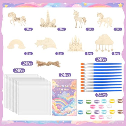 Saypacck 24 Pcs Rainbow Unicorn Party Favors Wooden Paint Craft Kits | Rainbow Designs with Paints, Packaged for Goodie Bag Fillers, Fun Craft Activity, Thank You Gifts and Decorations - style: Rainbow Unicorn