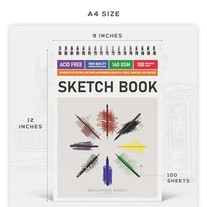 BEECHMORE BOOKS A4-9"x12" & A5-5.6"x8.5" Spiral Sketchbook - 100 Perforated Sheets 140 GSM Acid-Free White Paper, Professional Artist Sketch Pad, Art Supplies for Adults Students Drawing Notebook